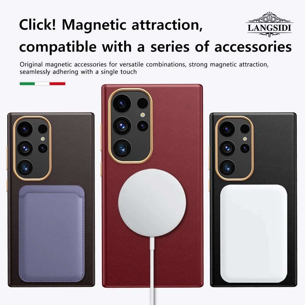 LANGSIDI Luxury Genuine Leather magnetic Case for Samsung Galaxy s24 ultra s23 plus magsafe case Shockproof Protective Cover