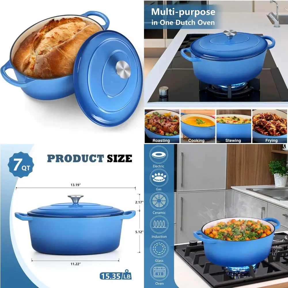 

Non-Stick Enameled Cast Iron Dutch Oven Pot for Bread Baking, Braising, Stewing, Roasting - Oven Safe with Lid, Large Oval Shape