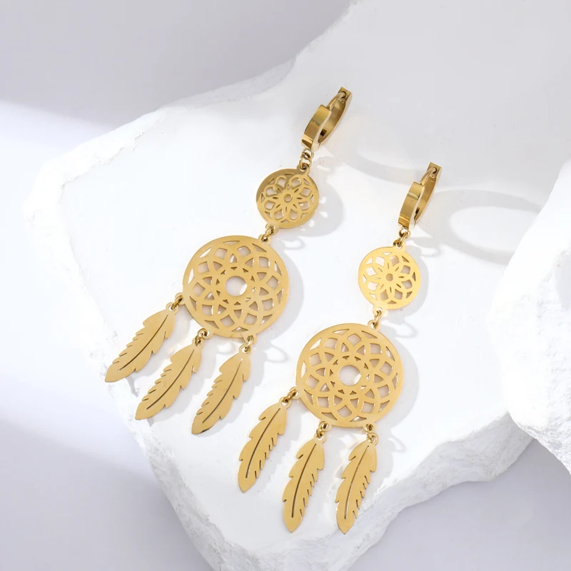 EILIECK 316L Stainless Steel Feather Dream Catcher Dangle Earrings For Women 2024 New Fashion Ear Drop Waterproof Jewelry Gift