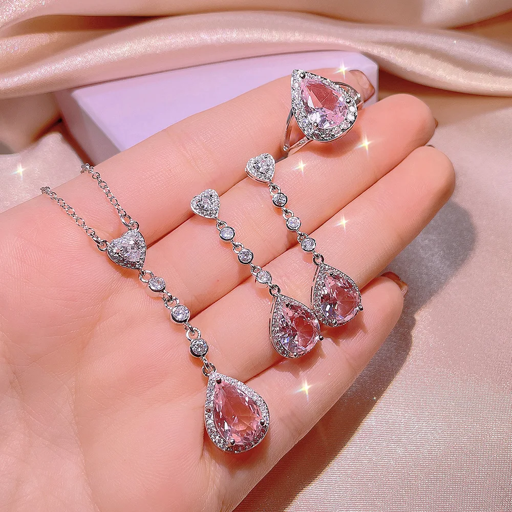 

Romantic Jewelry Set Light Pink Drop Earring Necklace Ring Sets for Women Silver Color Fashion Jewelry Party Accessory