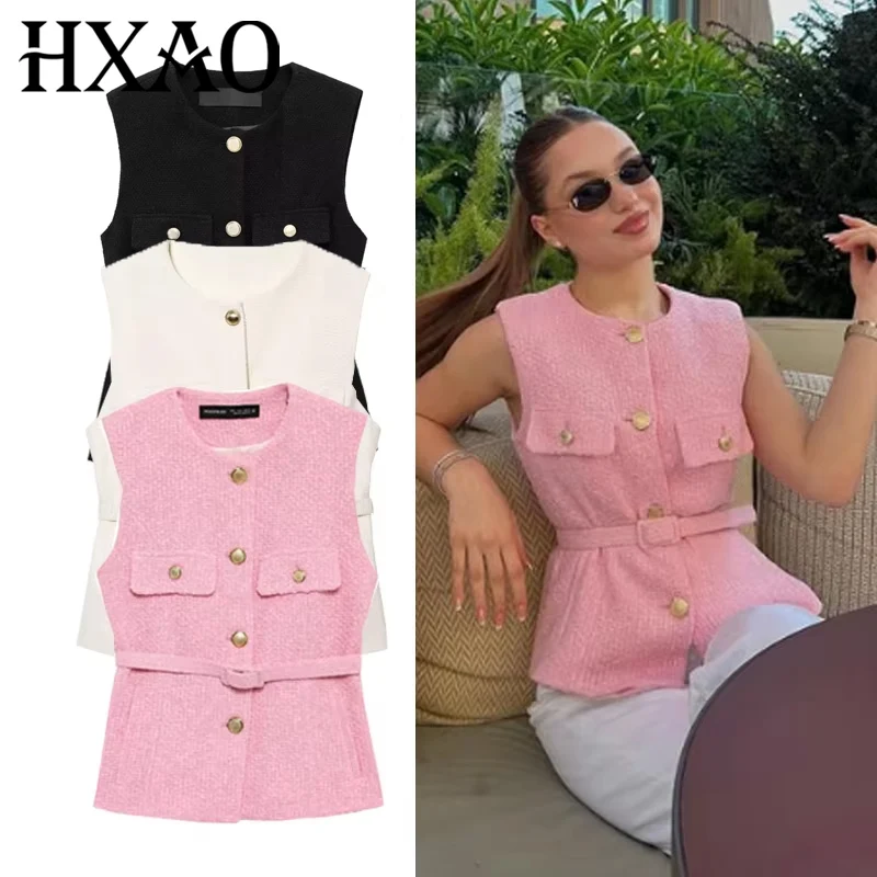 

HXAO 2025 Women's Vest Jackets Cropped Sleeveless Vest Woman Outerwears Belt Summer Casual Coats Black Pink Vest Button Jacket