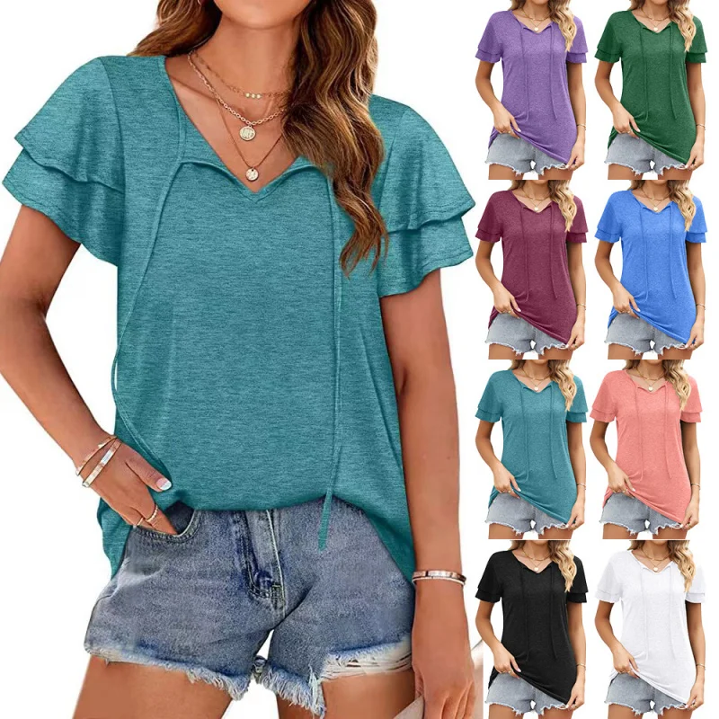 

Popular2025New European and American Style Hot-Selling Summer Solid Color Double LayerVLoose Fit Pullover Design WomenTT-shi
