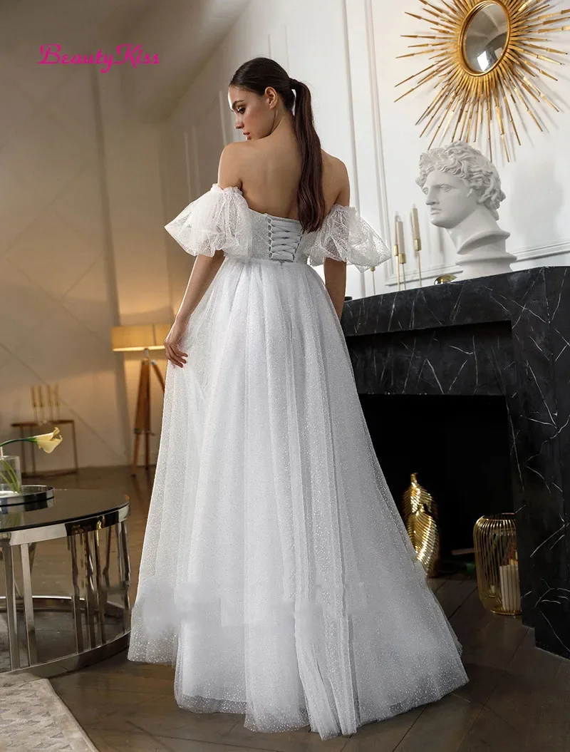 Shiny Sweetheart Princess Wedding Dresses Glitter Tulle Puff Sleeve Corset Back Boho Bride dresses Vestidos de novia 2025