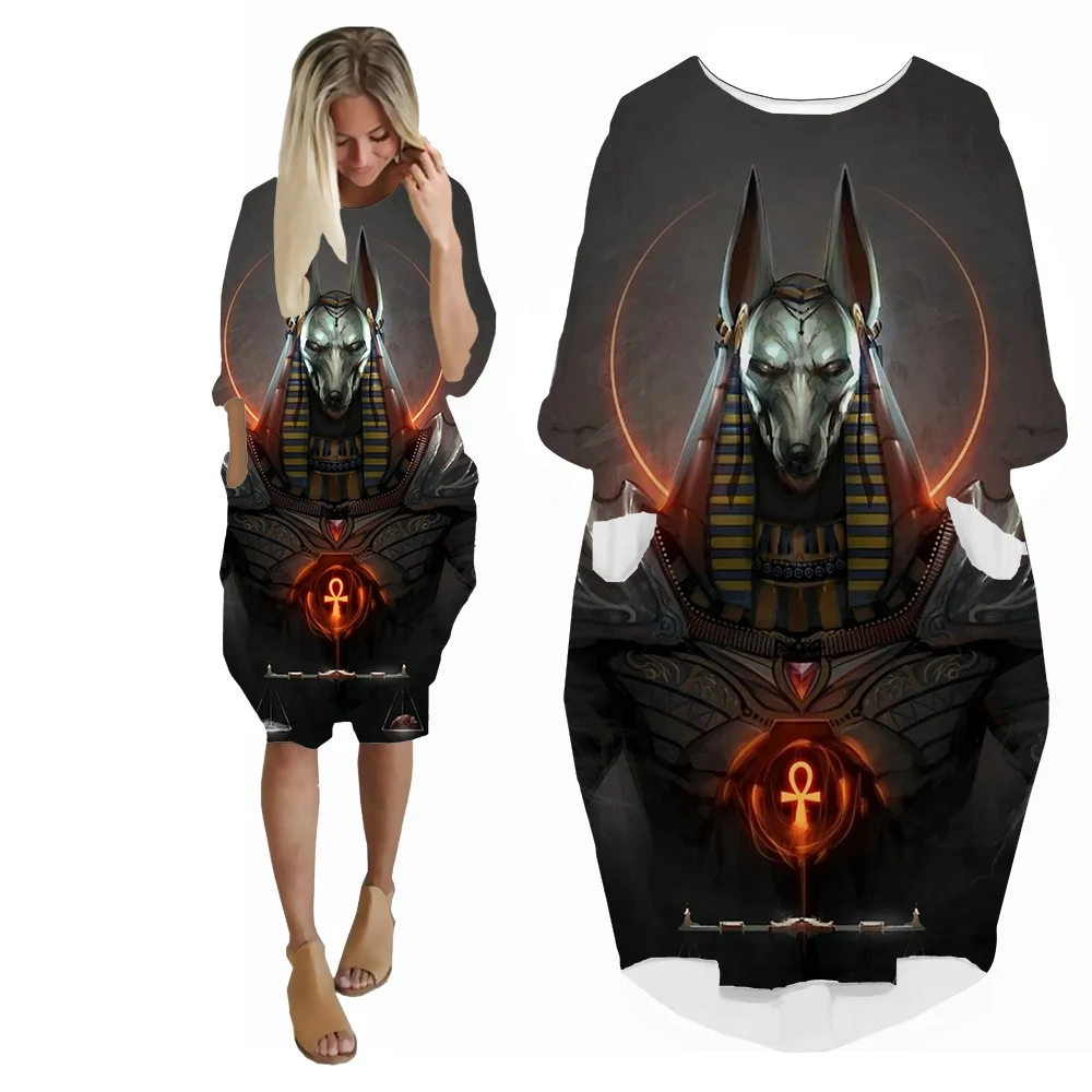 SONSPEE Anubis 3D Printed Dress Ancient Egyptian Long Sleeve Skirt Women Casual Myth Egypt Pharaoh Trend Street Personality Robe