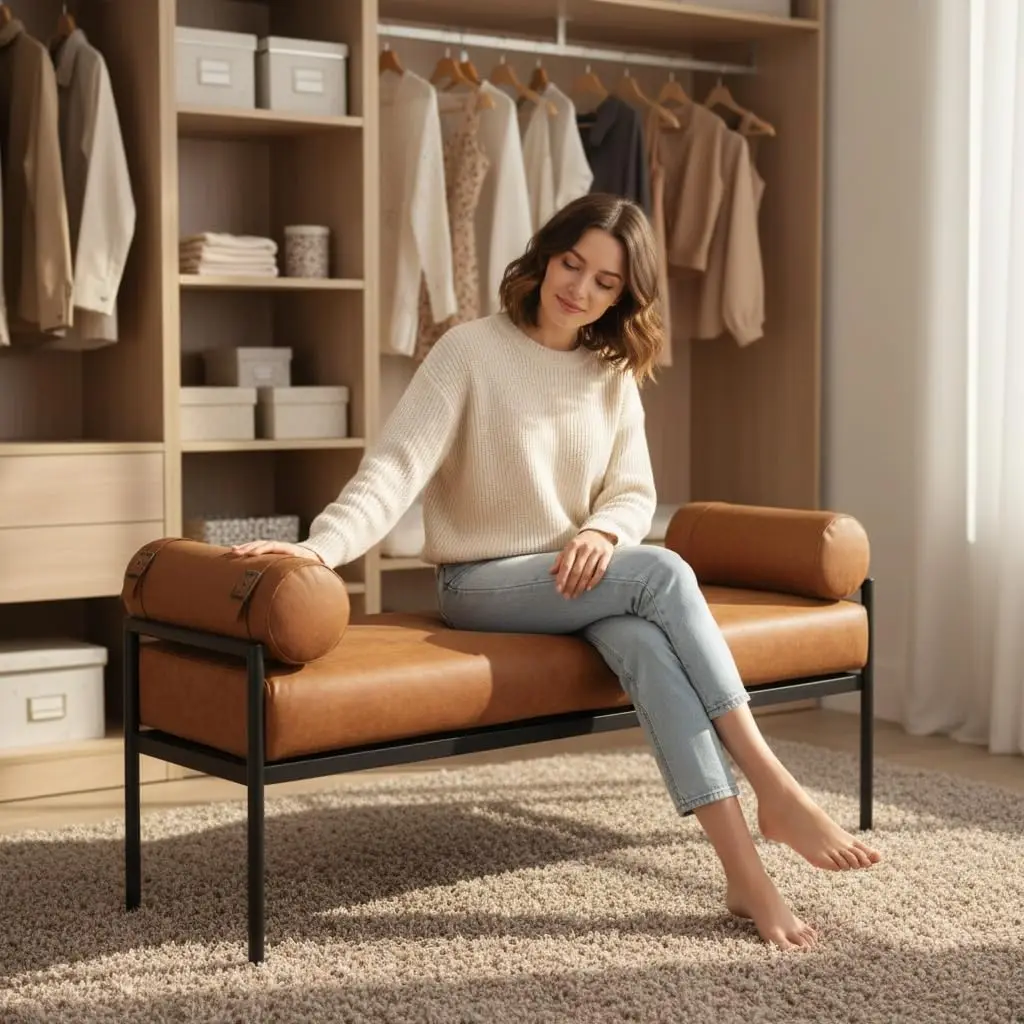 Leather Bed Bench 55 Inch Long Bedroom Bench Padded Upholstered Ottoman Bench with Removable Pillows Modern, Customized