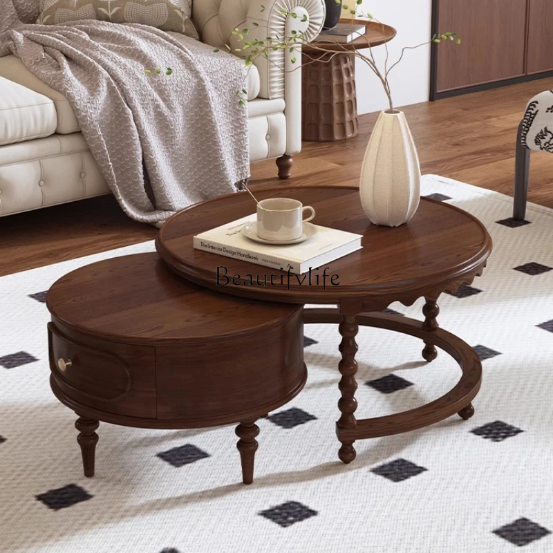 

Vintage Style Round Coffee Table for Living Room, Solid Wood Small Apartment Retro Style Large and Small Coffee Tables