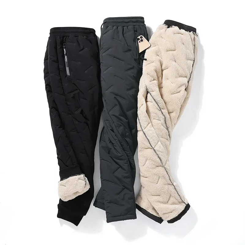 Men's New Winter Fleecing Thickened Padded Pants, Solid Color Casual Lambs Wool Sweatpants, Warm Elastic Waist Straight Trousers