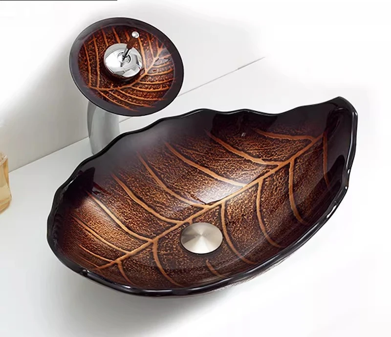 

Nordic tempered glass counter household wash basin retro art basin bathroom ins wind creative leaf