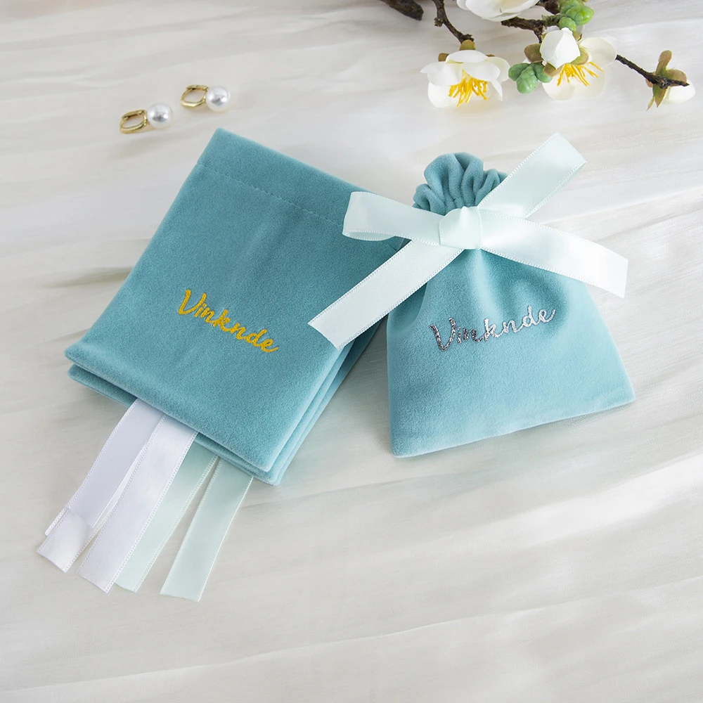 100Pack Custom Logo Luxury Soft Velvet Jewelry Pouch With Ribbon Drawstring Packaging Bag for Wedding Party Gifts Storage Dust