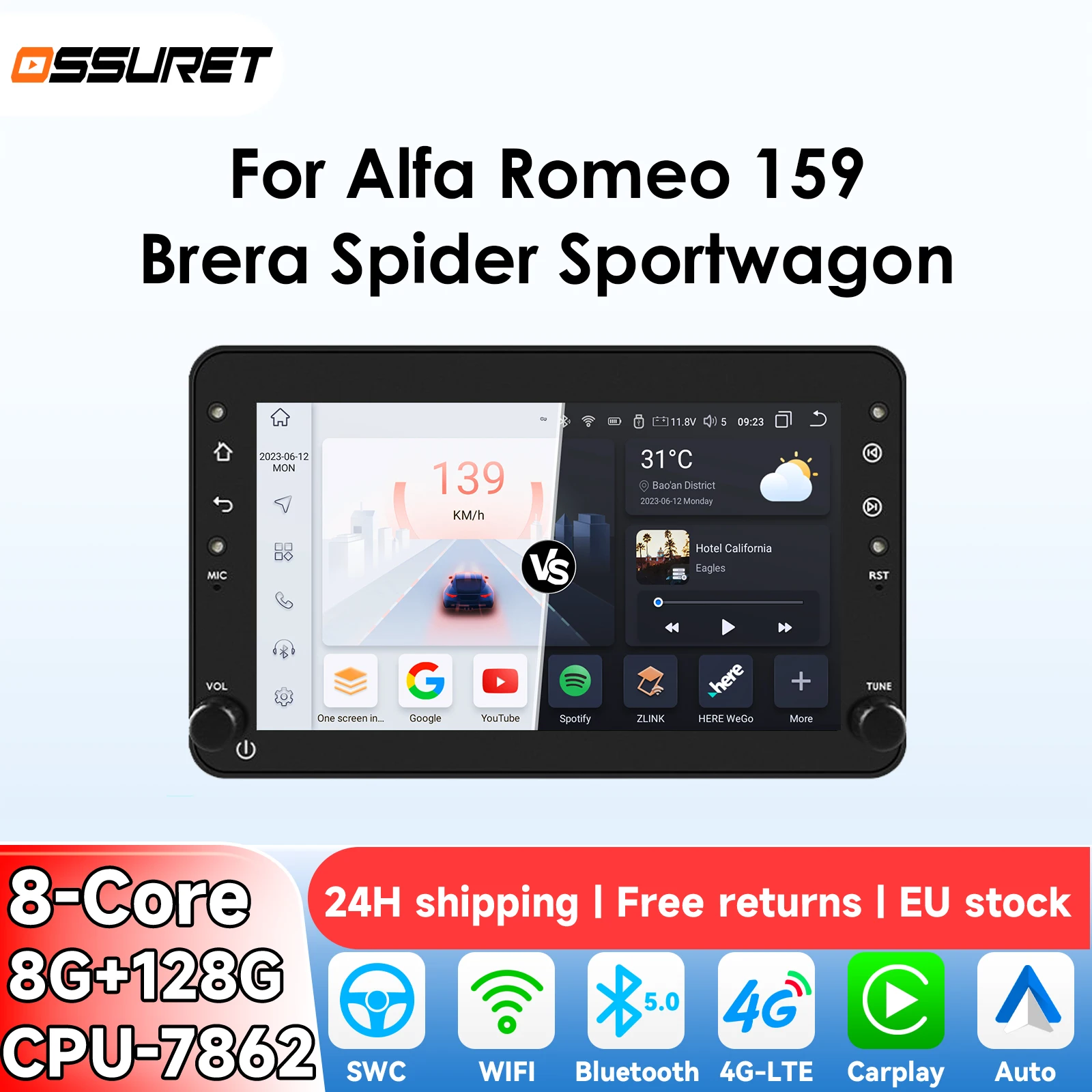 OSSURET 1Din 8G 128G Carplay Android autoradio voor Alfa Romeo 159 Brera Spider Sportwagon GPS multimediaspeler navigatie 7862 - afbeelding 2