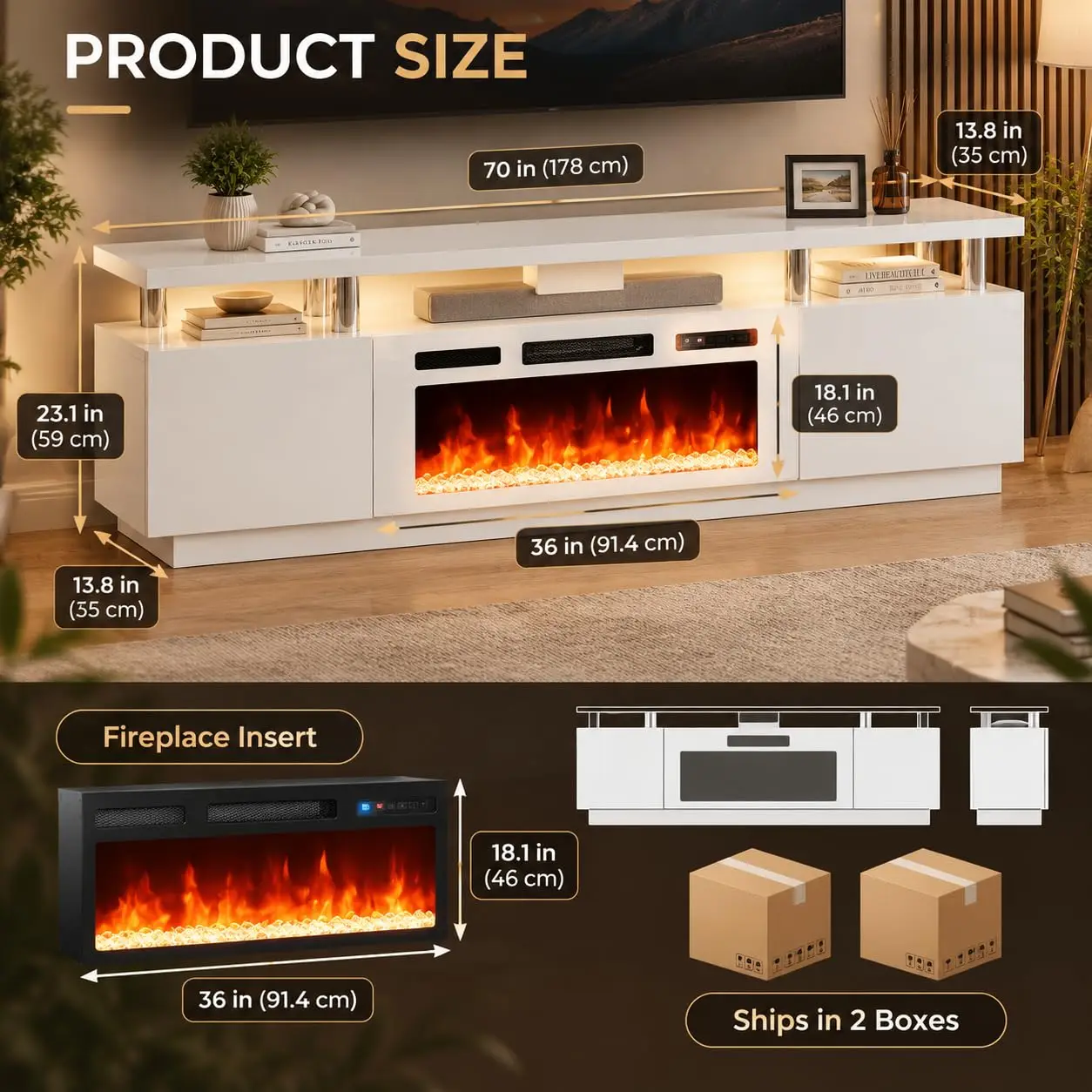 70 Inch Electric Fireplace TV Stand with 36 Inch Fireplace Insert, Customized