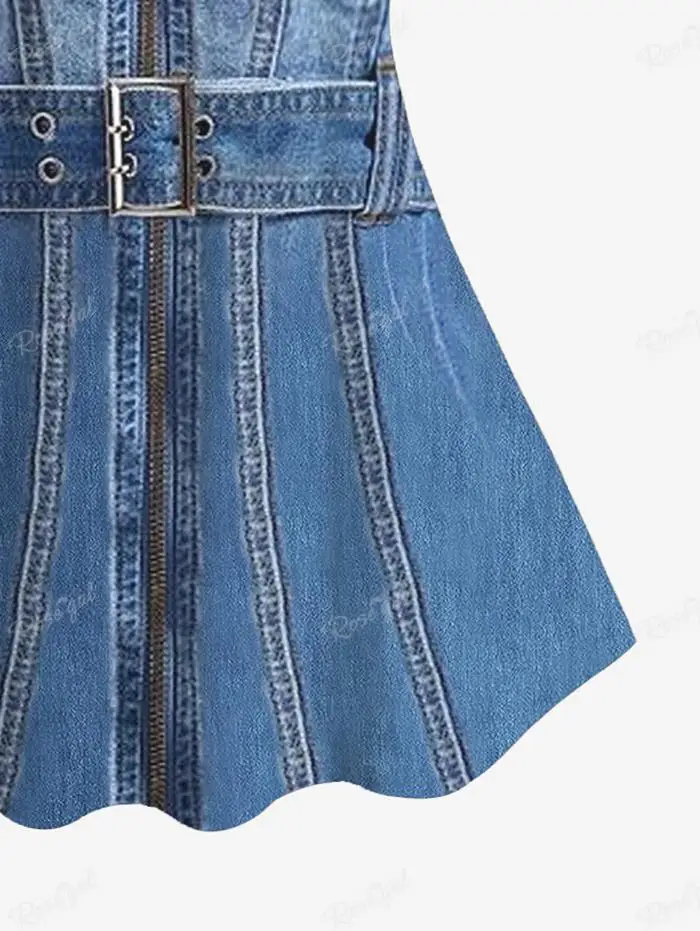 Women Fashion Lace Back Tank Top and Capri Leggings Plus Size Outfit 2 piezas Grommets Buckle Belt Zipper Denim 3D Printed