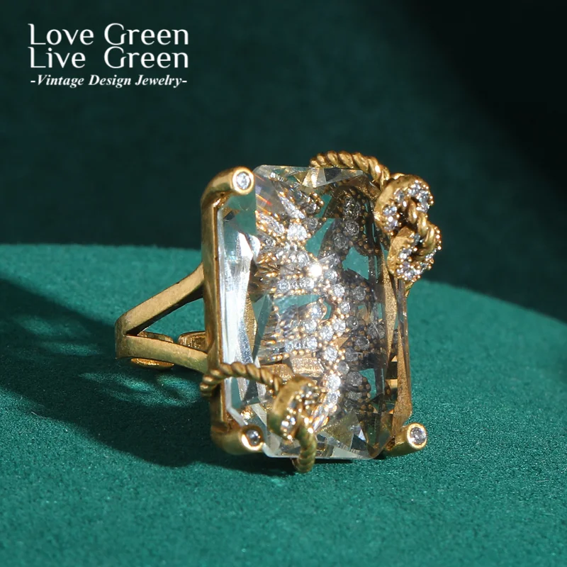 

Vintage Jewelry Transparent Crystal Rings Natural Stone Gold Color Luxury Designe Antique Women Accessories Gifts Valentine 2025