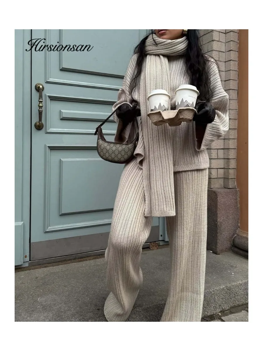 Hirsionsan Soft Elegant Vintage Women Suits 3 Pieces Female Sets O Neck Sweater & Wild Leg Pants with Scarf Knitted TrackSuit