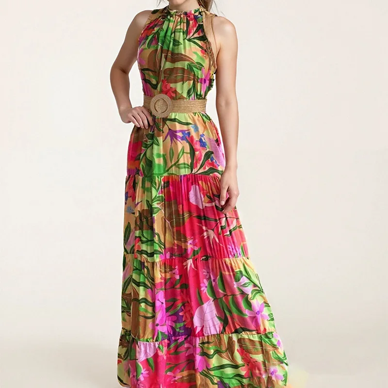 Sukienka maxi bez rękawów na lato 2025, wiązana na szyi, z odkrytymi ramionami, w stylu boho, w kwiaty, długa sukienka na plażę, moda damska.