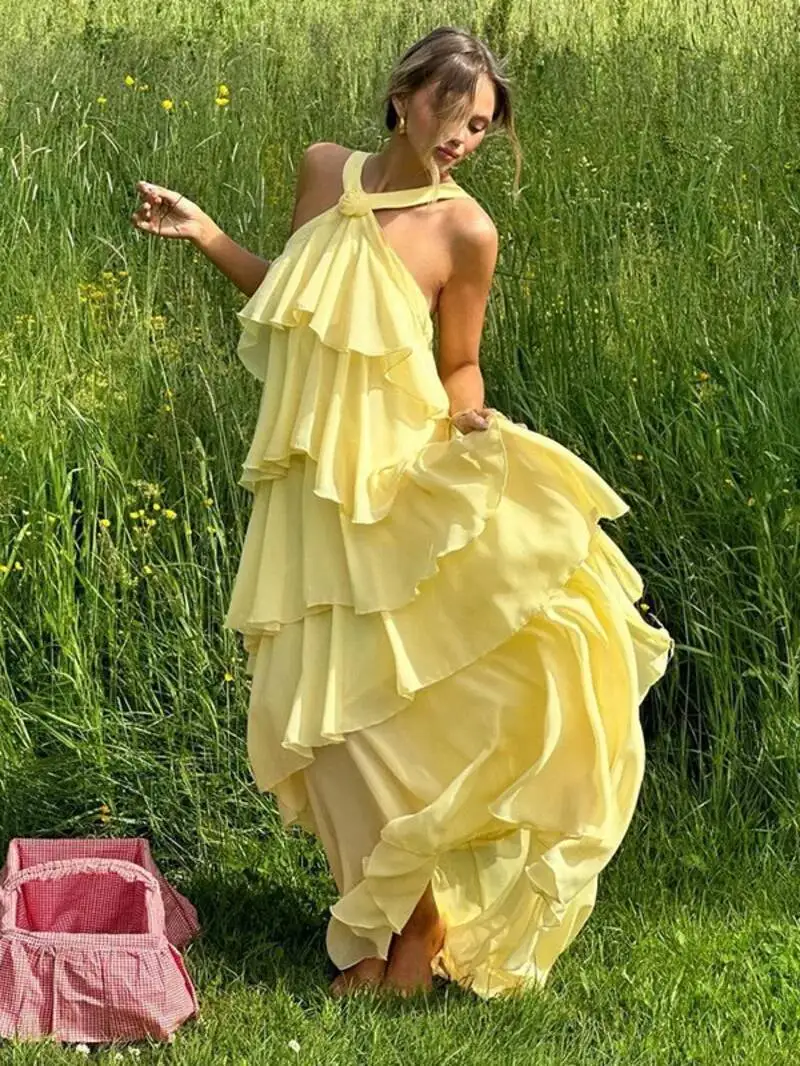 3d flor babados em camadas vestidos femininos elegante chiffon sem costas sem mangas fofo vestido longo verão nova senhora praia robes o9d0