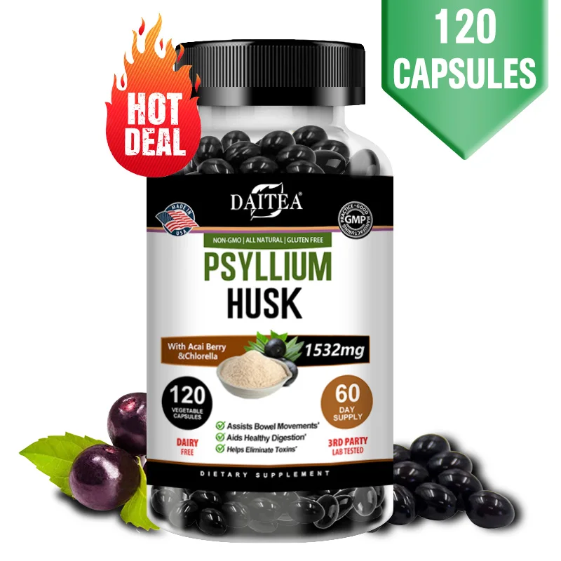 Psyllium Husk Capsules, 1532 Mg, Natural Soluble Fiber, Good for Intestinal Health, Cleansing, Detox, Digestive System, Non-GMO