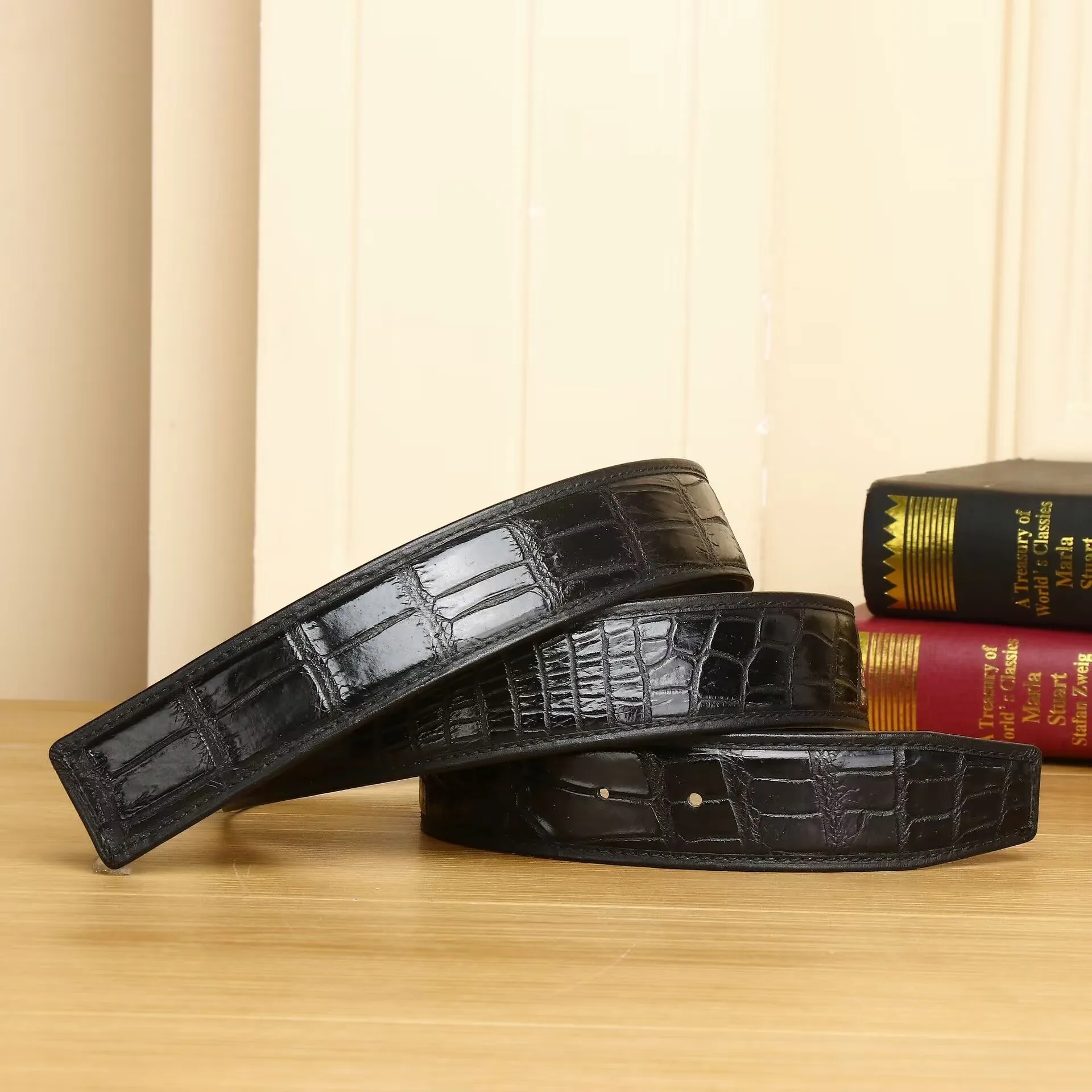 3.8 Wide Punched Men's Cowhide Leather Belt,High-End Fashion Trend Crocodile Pattern Genuine Leather Belt Without Buckle Durable