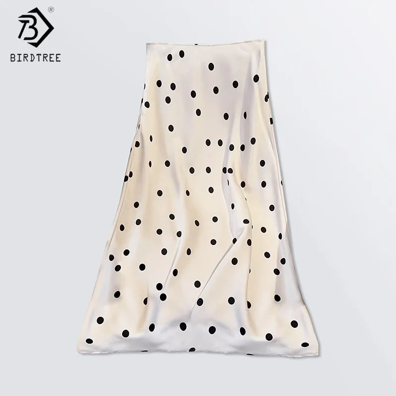 

BirdTree OEKO-TEX 19MM 100% Mulberry Silk Skirt,Women Satin Dot Print Elastic Waist Elegant Skirts,Summer Autumn New D5O502JF