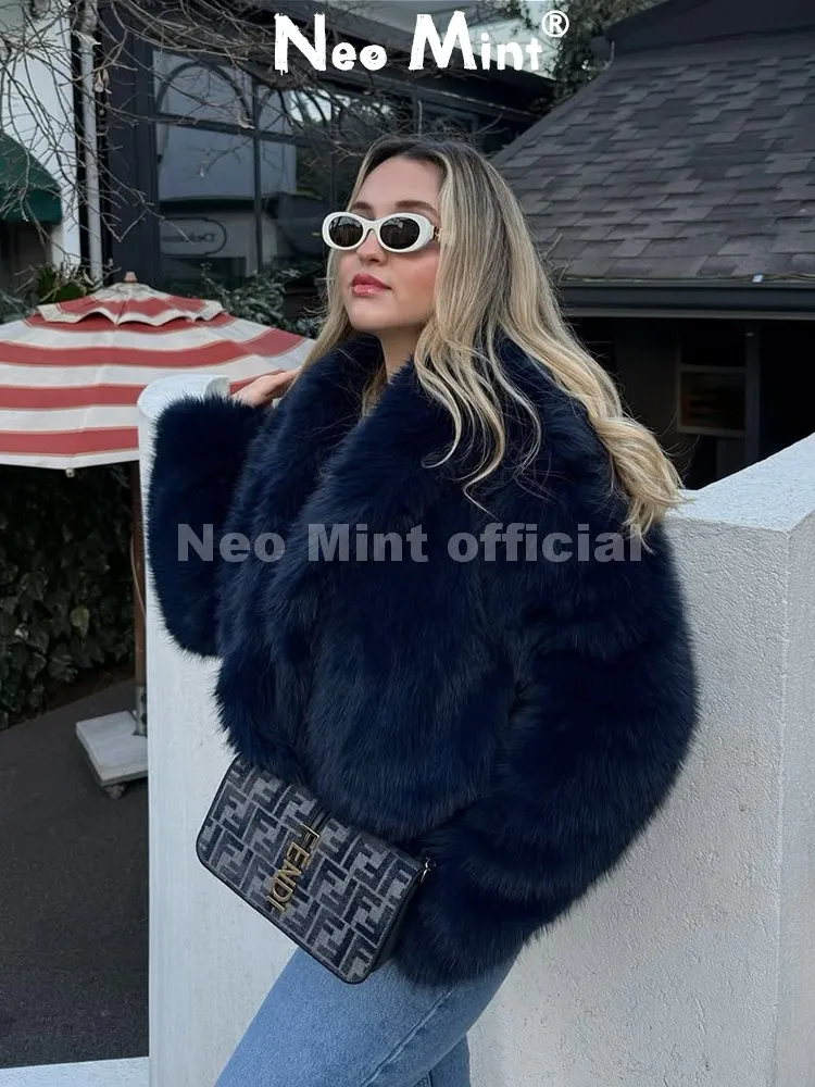 Neo Mint Women Fluffy Faux Fur Jacket Cropped Coat with Oversized Shawl Collar Luxury Street Style Winter Outerwear