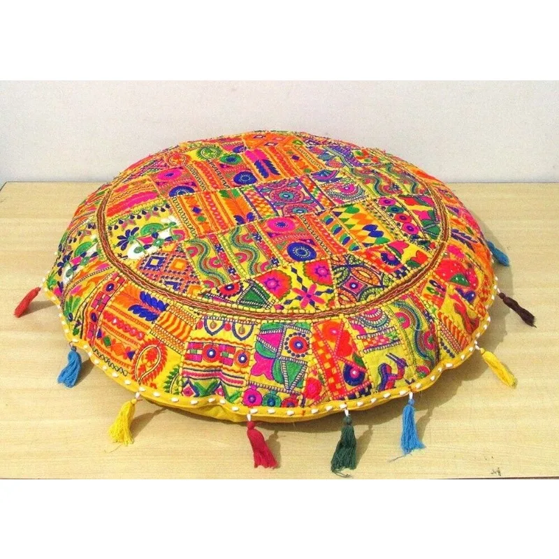 

32 Inch Indian Yellow Handmade Round Vintage Pillow Patchwork Floor Cushion Cover