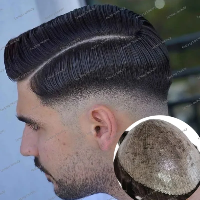 130% densité 0.1mm épaisseur peau cheveux perruque européenne cheveux humains mâle perruque naturel noir gris prothèse système capillaire pour hommes