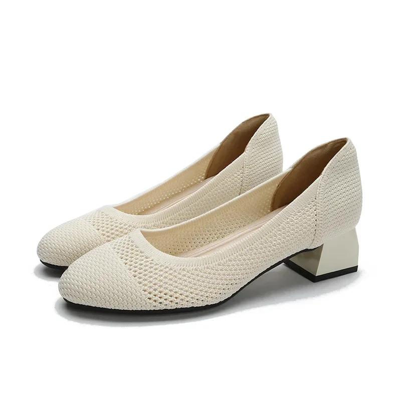 Plus Size Spring Women Shoes Autumn Women High-heeled Shoes Pointy Knit Breathable Comfortable Anti-skid Rubber Sole Work Shoes