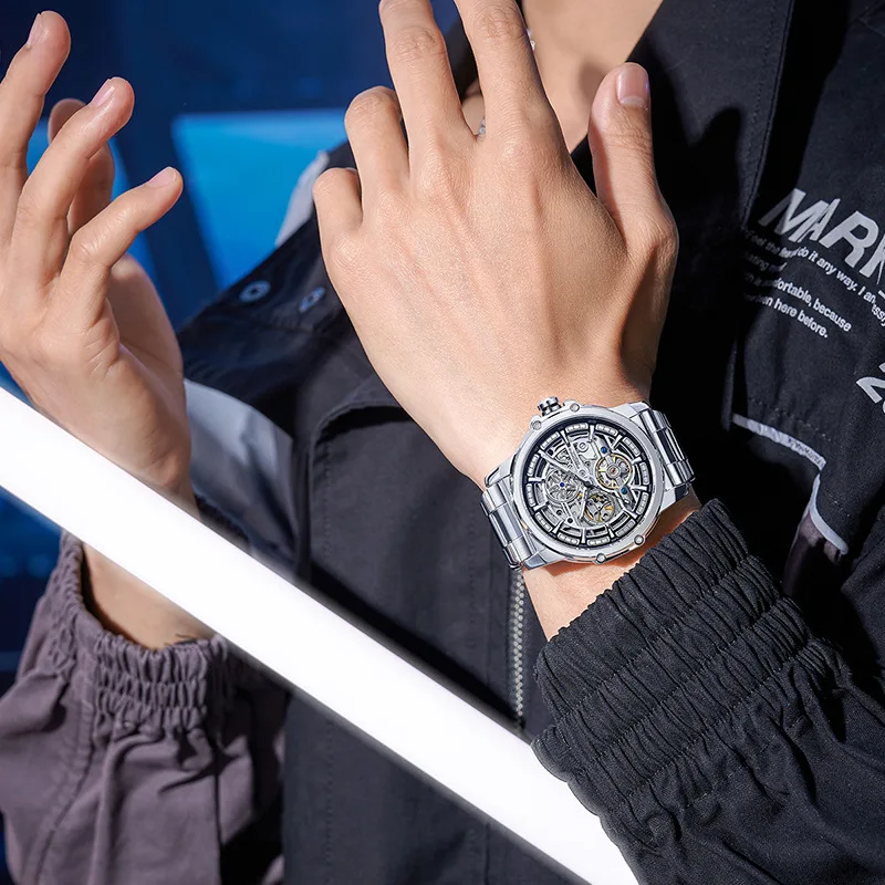 ساعة ميكانيكية أوتوماتيكية بالكامل، ساعة عصرية من الفولاذ المقاوم للصدأ، ساعة رجالية مضيئة مقاومة للماء على الوجهين