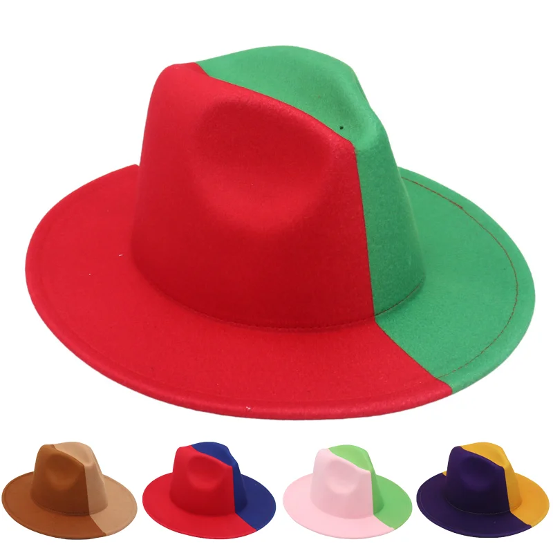 

Funny Christmas Color Block Felt Hat – Quirky Holiday Jazz Fedora for Party & Stage Performance, Unisex Santa Style Costume Hat