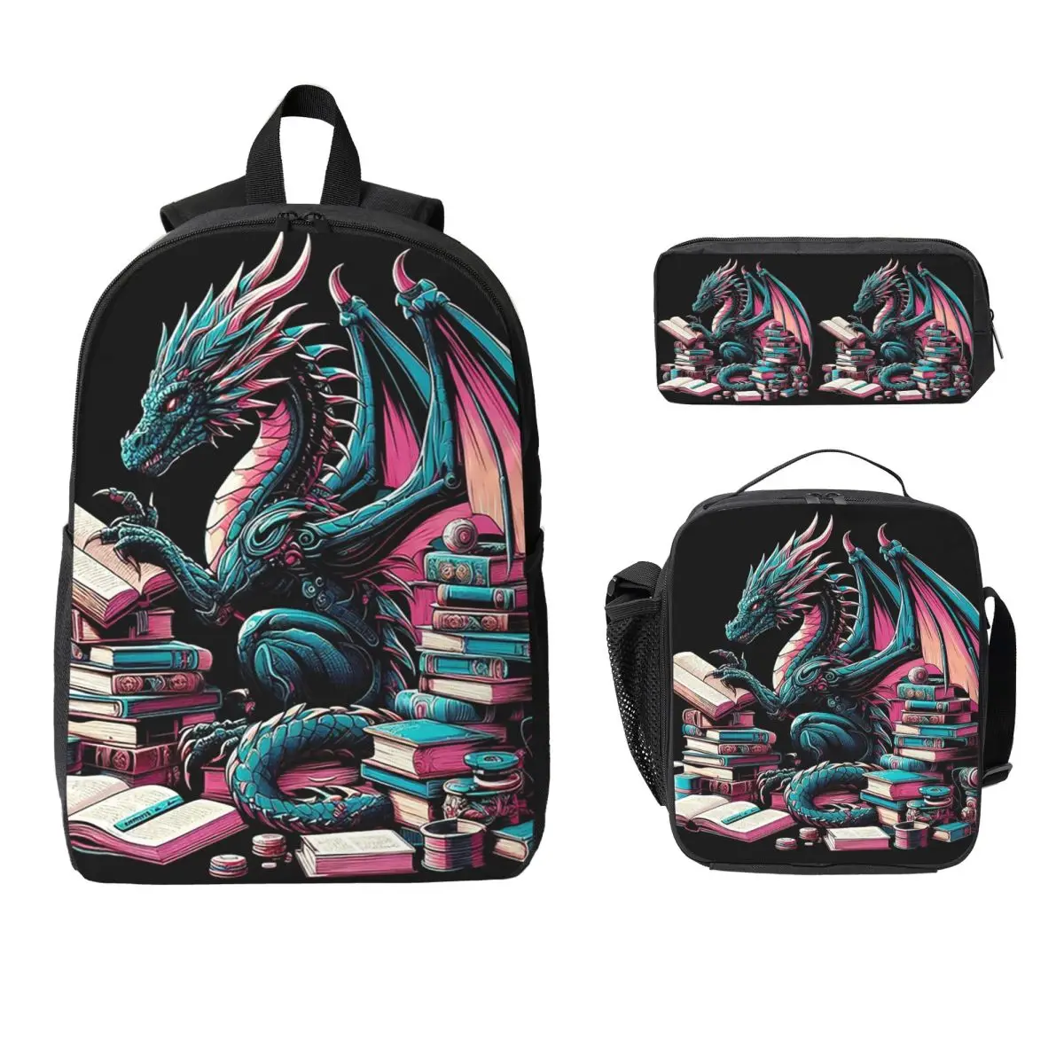 Dragon Read A Book Reader Bookworm Dragon Backpack BookBag School Bag Computer Shoulder Bags 3ps Insulated Lunch Bag Pencil Case