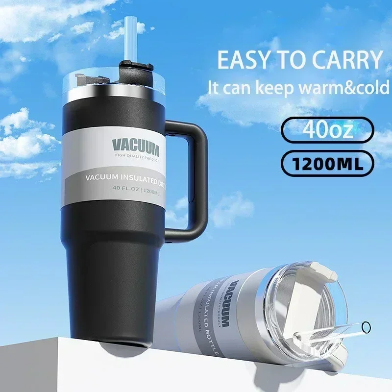 

1200ml Metal Stainless Steel Insulated Tumbler with Hanlde Vacuum Portable Straw Cup Large Thermal Mug for Hot and Cold Coffee