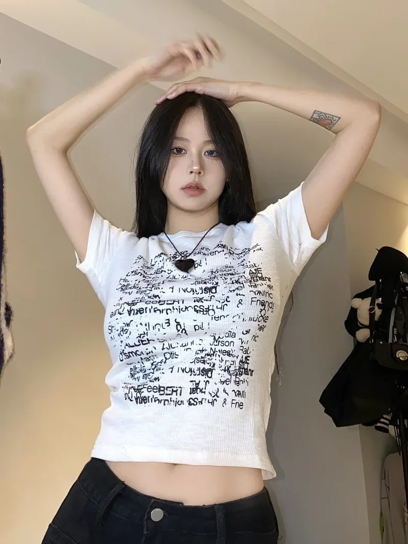 American All Match Screw Thread Elastic T Shirts Y2k Aesthetic Harajuku Vintage Printing Streetwear Commuter Clothes Simple Tees