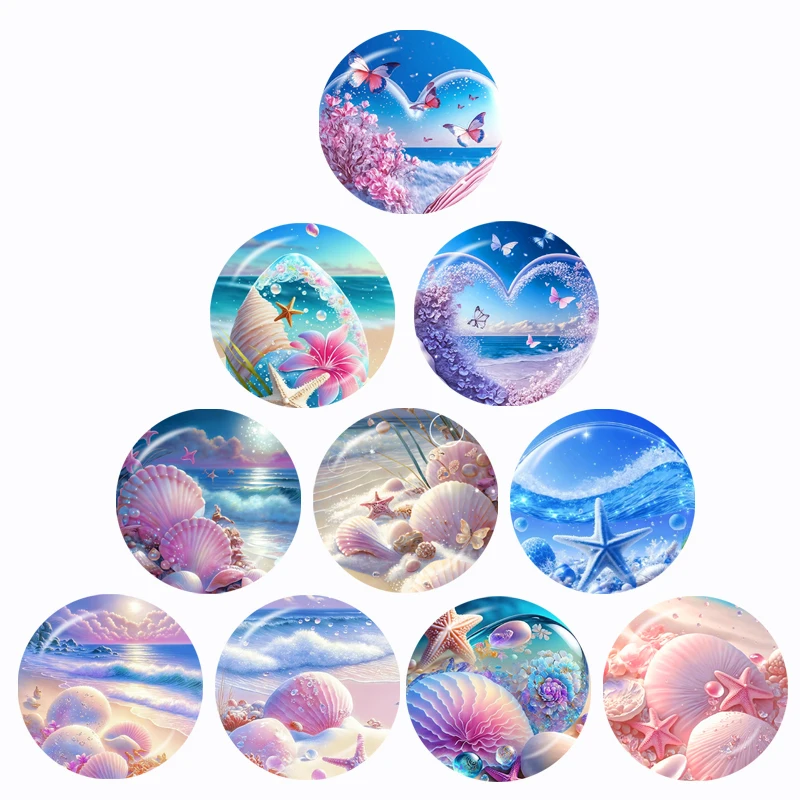 Fantasy Shell Seaside Scenery Pattern 10pcs 12mm/16mm/18mm/20mm/25mm/30mm Round Photo Glass Cabochon Demo Flat Back Making