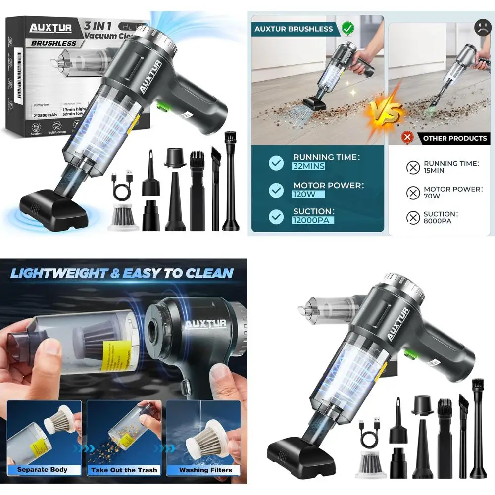 

Портативный беспроводной автомобильный пылесос 3-в-1 с всасыванием 12000 Па и бесщеточным двигателем