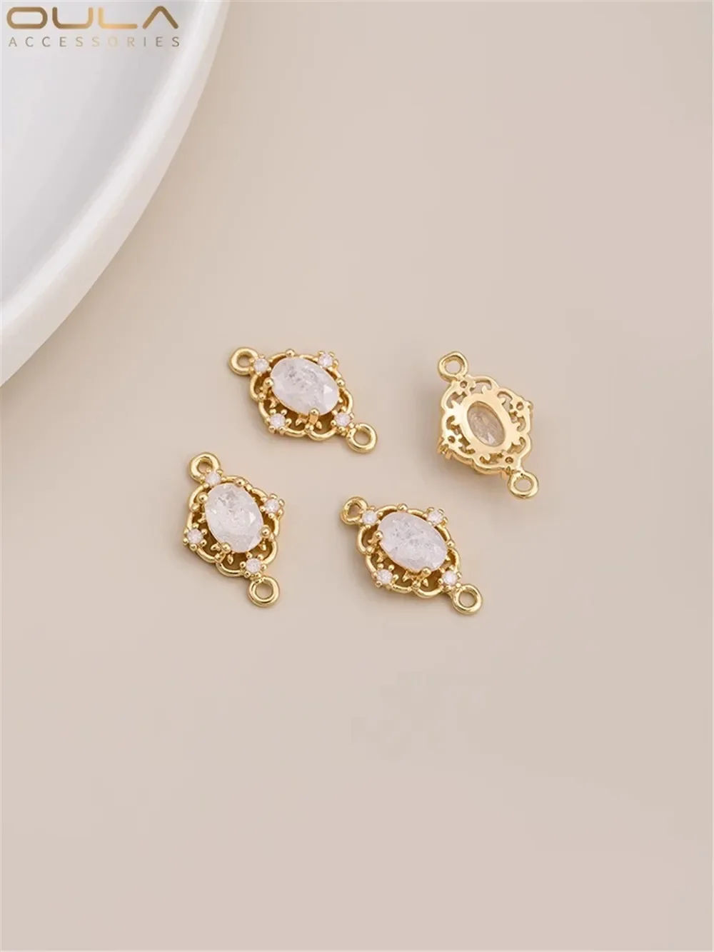 

14K Gold-Color Plated Inlaid Color Zirconium Retro Flower Diamond Double Hanging Connector Diy Bracelet Earrings Accessory