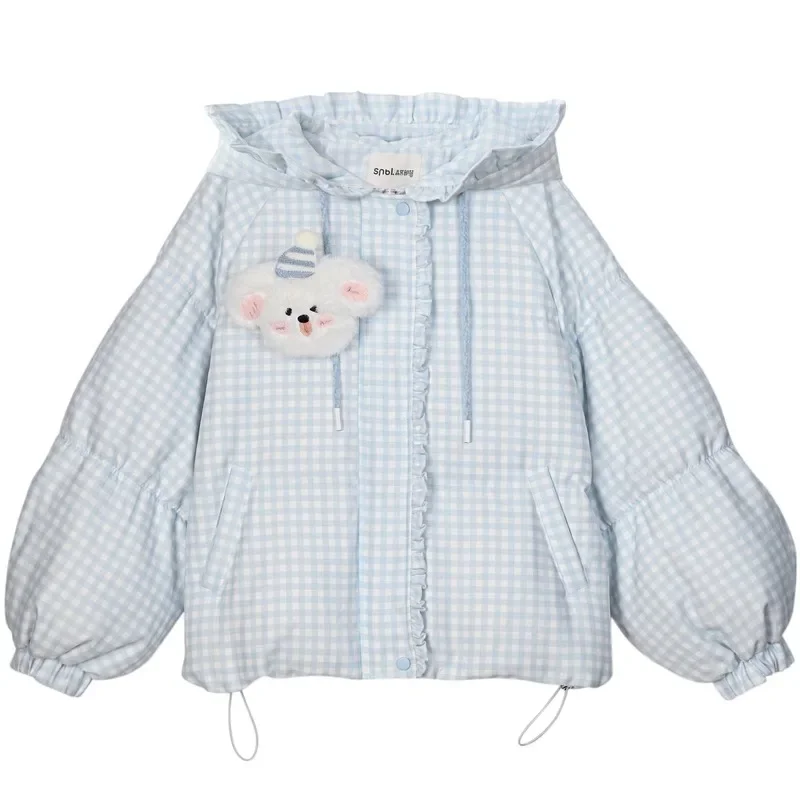 Mori Girl Style Lolita Sweet Women Parkas Quilted Coats Thicken Winter Puffer Jacket Sky Blue Plaid Cute Dog Ruffled Edge Hooded