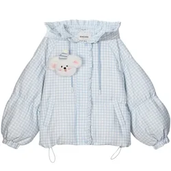 Mori Girl Style Lolita Sweet Women Parkas Quilted Coats Thicken Winter Puffer Jacket Sky Blue Plaid Cute Dog Ruffled Edge Hooded