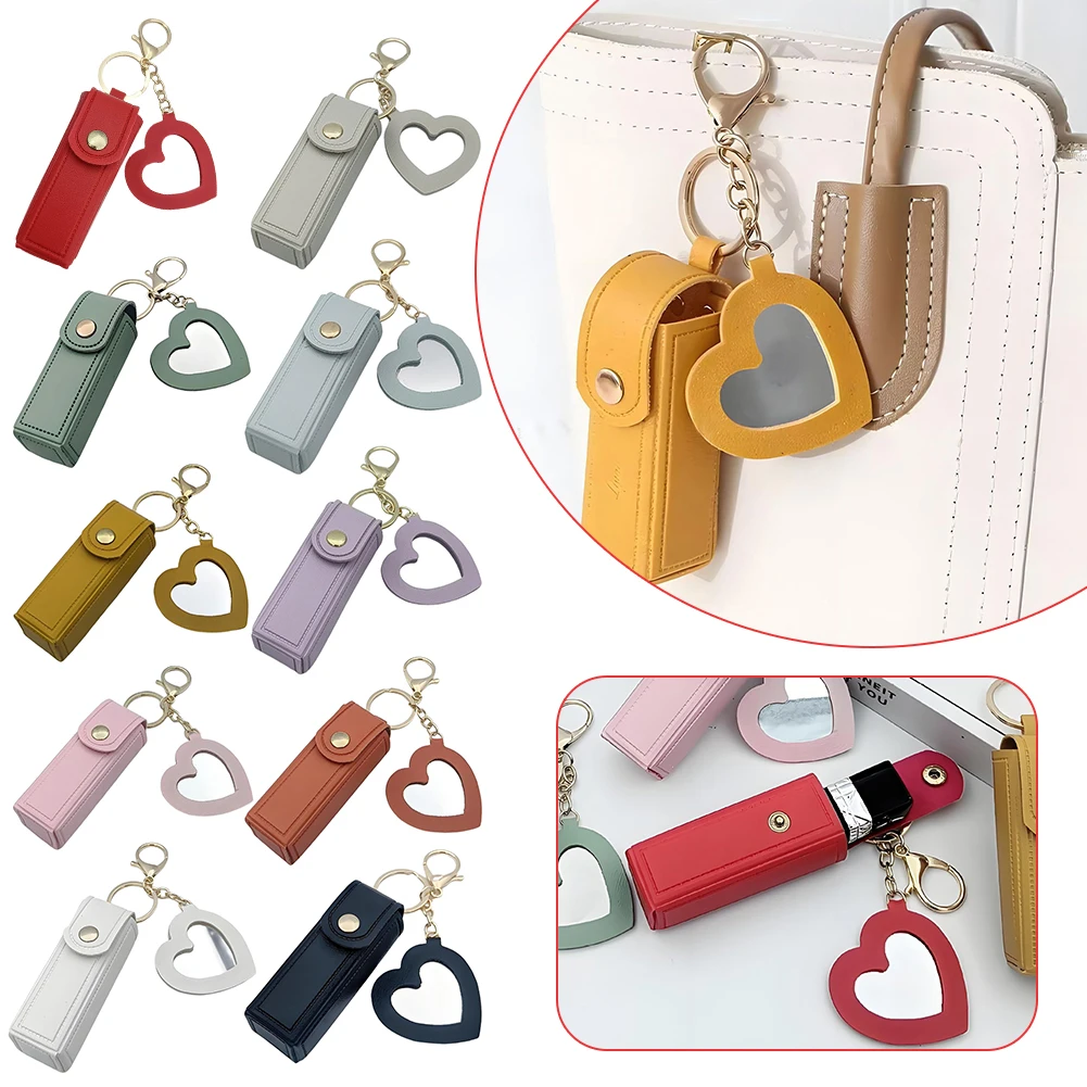 Mini Lipstick Holder Keychain Built-In Heart Mirror Adorable Stylish PU Leather Lip Balm Protective Leather Case Make-Up Tool