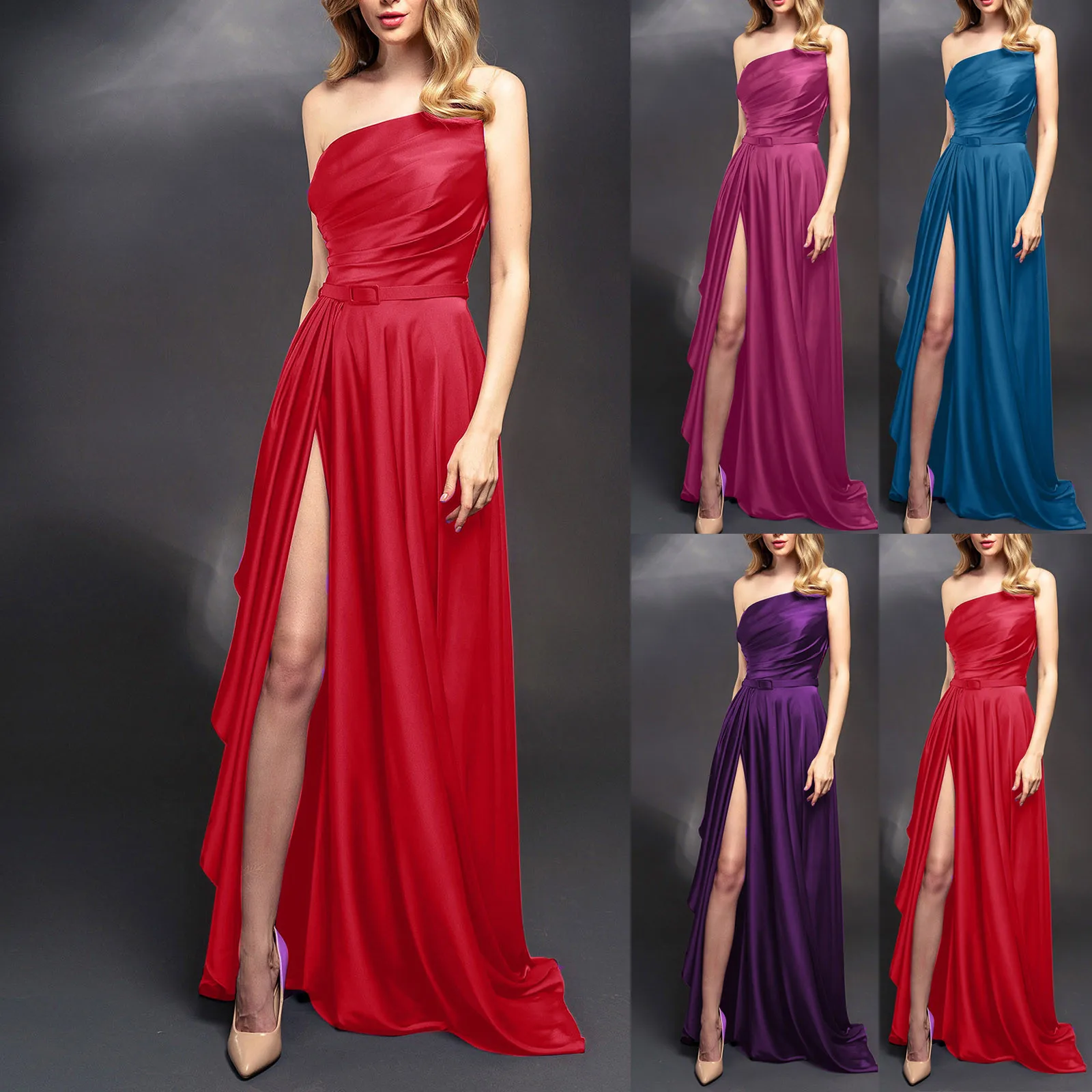 Fall Dresses For Women Solid Color One Shoulder Spaghetti Strap Backless Side Slit A-Line Red Dress Vintage Homecoming Dresses