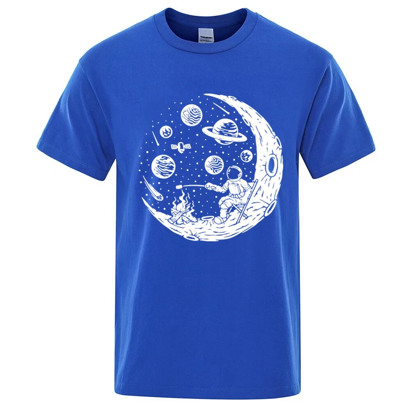 Men\'s T-shirt High Quality Cotton Blend Funny Astronaut Moon Barbecue Print Casual Loose Cool Men O-neck T-shirt Tee Tops