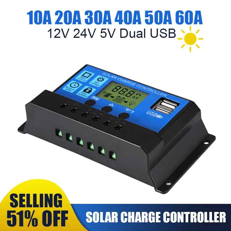 DIDITO PWM Solar Controller 12/24V 10A-60A Battery Charger LCD Dual USB 5V Output Maximum Working Voltage 50V