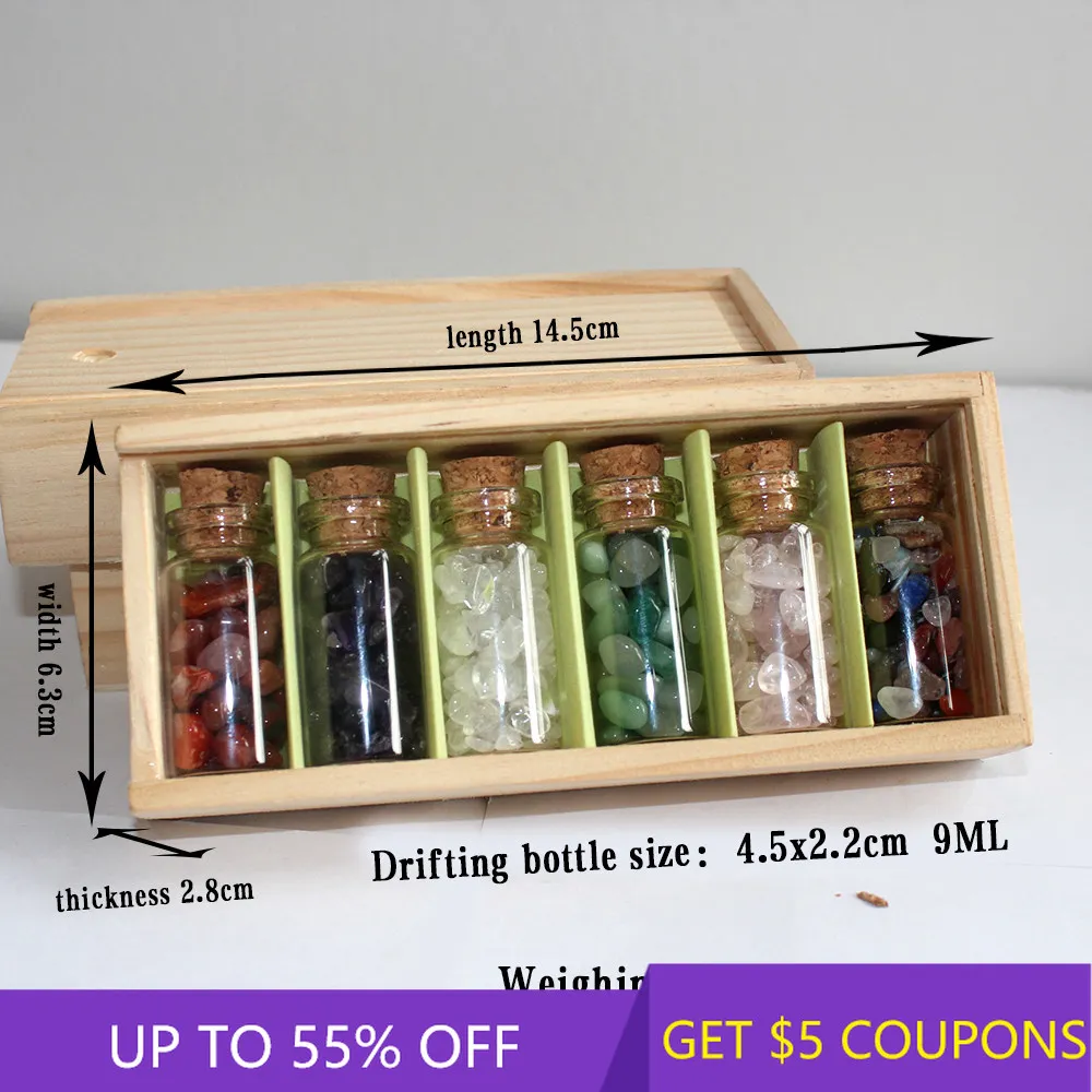 

6Pcs DIY Natural Crystal Resign Glass Wishing Bottle Healing Polished Chip Stone Lucky Drifting Bottles W/ Box Home Decor Gifts