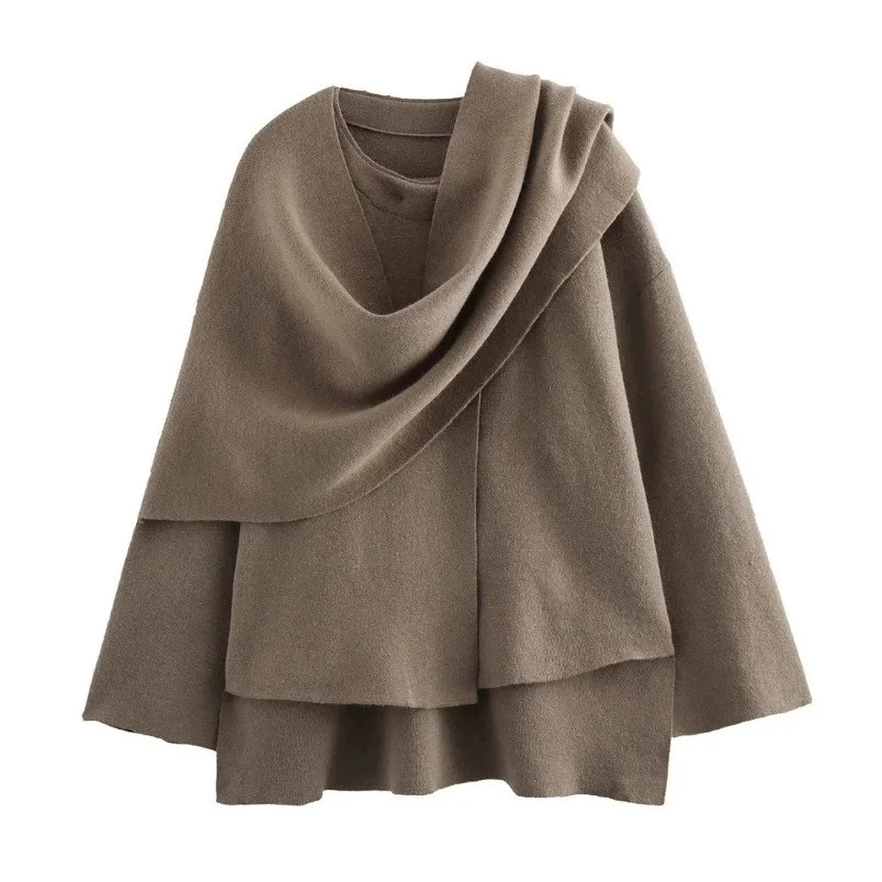 PRINTKAOIR Dámská podzimní zimní bunda Dámský ležérní kabát s pleteným volným oversize kabátem a asymetrickým rozdělením, elegantní šálou - náhled 6