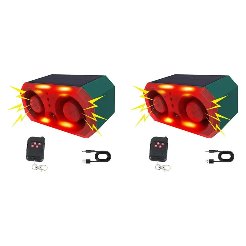 2X Solar Outdoor Motion Sensor Alarm With 13 Sound,130Db Dual Speaker Motion Detector Alarm Light With Remote