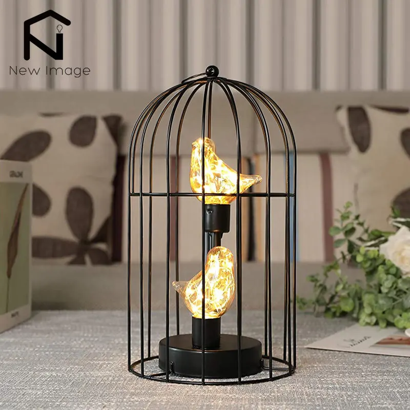 Creative Birdcage Iron Hollow Table Lamps Warm Light Vintage Candle Holder Lantern Bedroom Bedside Desk Light For Home Decor