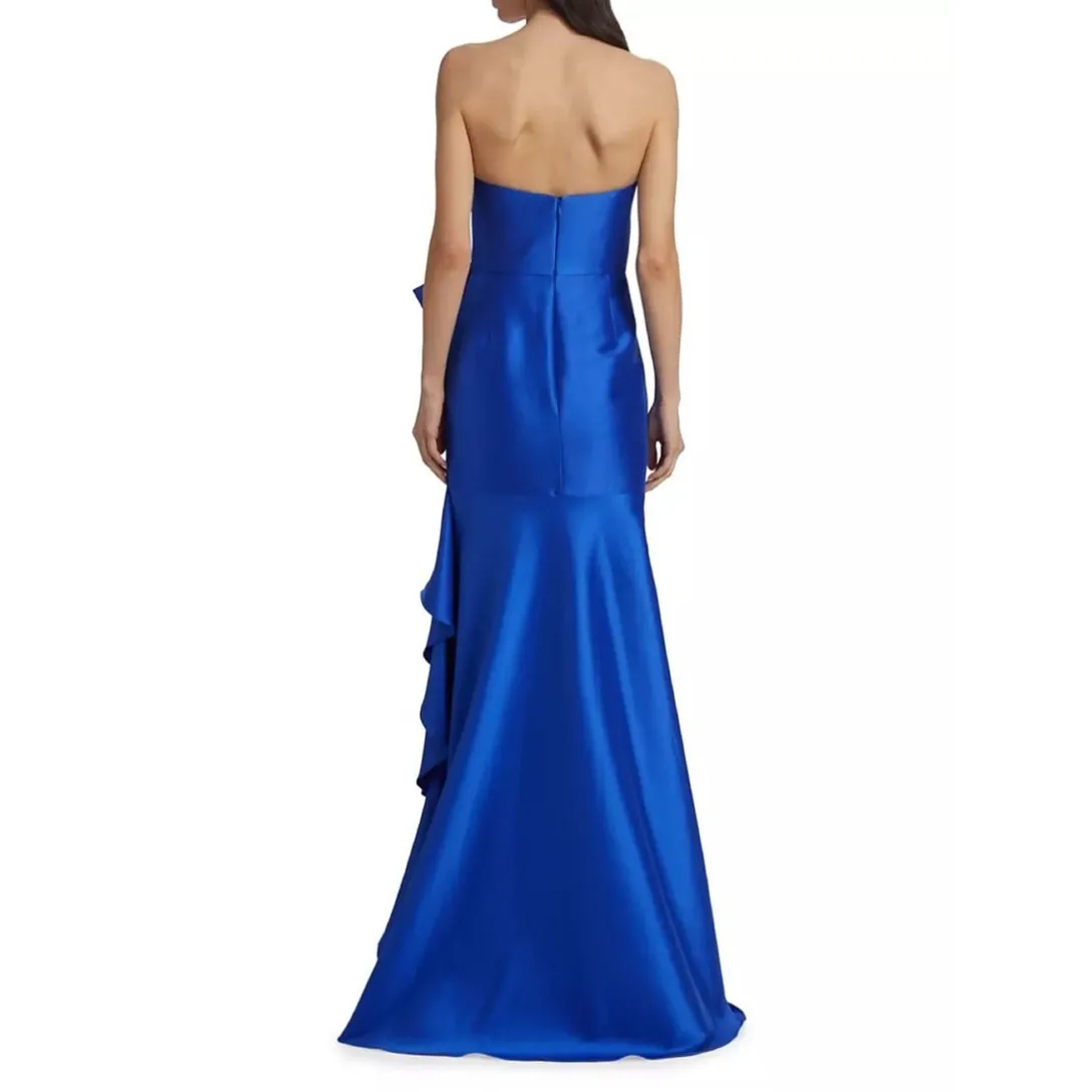 Customized Long Royal Blue V-Neck Evening Dresses with Ruffles Mermaid Satin Pleated Floor Length Prom Dresses for Women