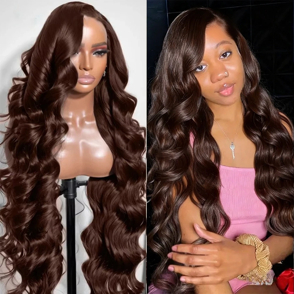 

40 дюймов # Шоколадно-коричневые парики с волнистыми волосами 13x4 HD Lace Front, бразильские парики 13x6 Lace Frontal, предварительно выщипанные, для женщин, плотность 220%