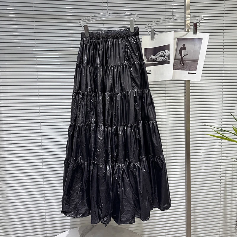 Kbq minimalista sólido emendado dobras uma linha saias longas para mulheres cintura alta temperamento saia feminina outono moda estilo novo