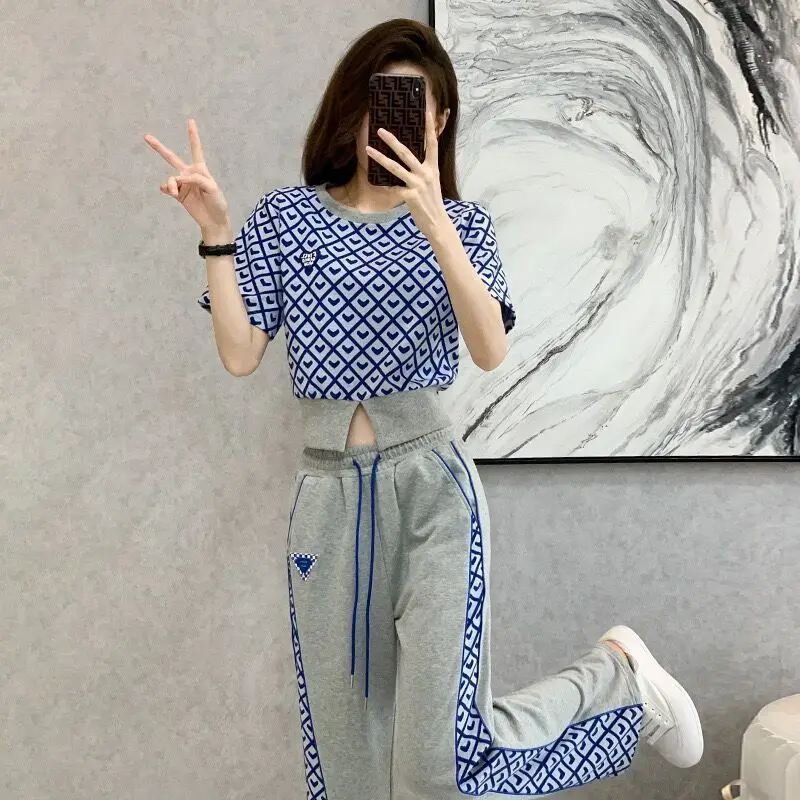 Summer Harajuku Vintage Tops Wide-leg Pants Two Piece Set Women Elegant Fashion All Match Loose Casual Chic Fashion Sport Sets