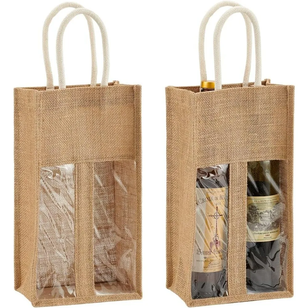 2er-Pack Weinflaschenbeutel aus Sackleinen, doppelte Weintasche mit durchsichtigem PVC-Fenster, Jute-Weinbeutel mit 2 Fächern für Hochzeit, Reisen, Party
